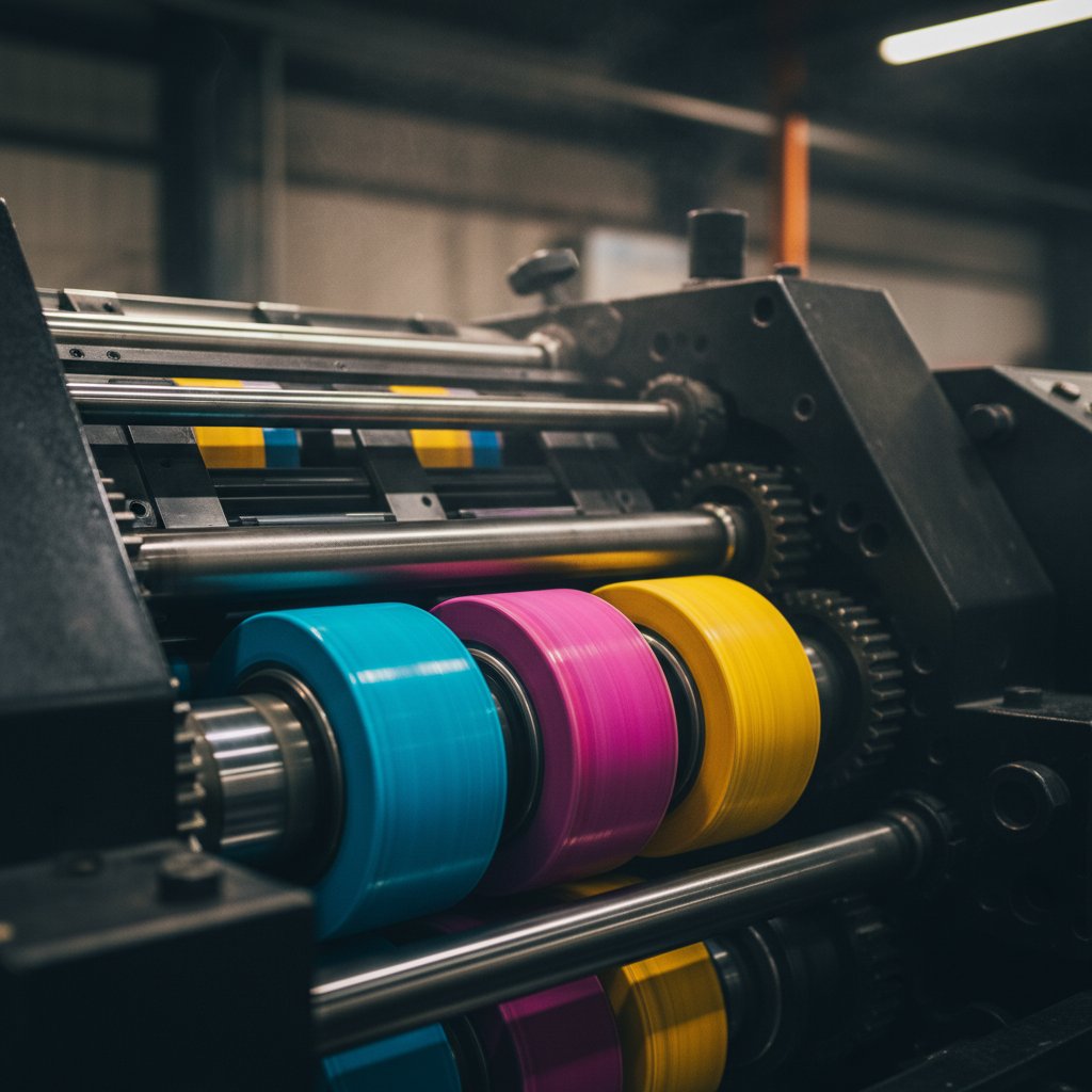 Modern printing press machinery producing high-quality printed materials in London typography facility